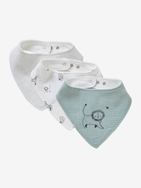 Lot de 3 bavoirs bandanas en gaze de coton beige imprimé+blanc+bleu glacier+écru+lot renard+lot vert panda+vieux rose 7 - vertbaudet enfant 