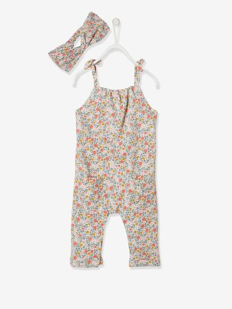 Ensemble combinaison et bandeau bébé fille en molleton blanc imprimé+bleu nuit+rose pâle+vert grisé imprimé 2 - vertbaudet enfant 