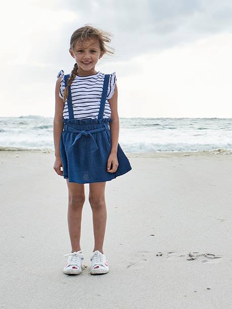 Ensemble fille t-shirt à volants et jupe à bretelles en gaze de coton corail+indigo+lilas+vert sauge 8 - vertbaudet enfant 