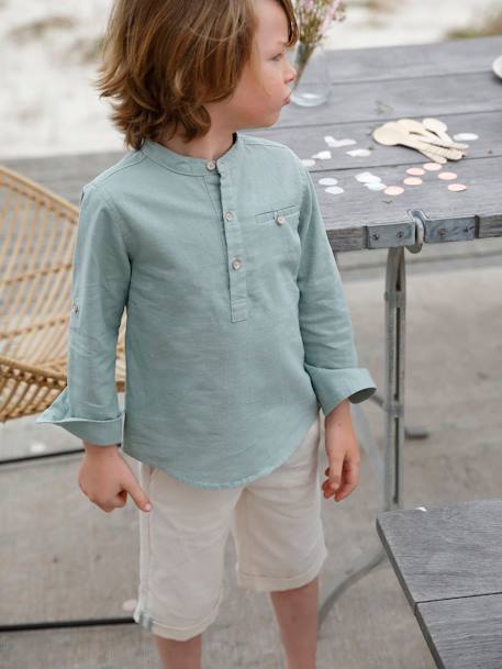 Chemise col Mao en coton/lin garçon manches retroussables blanc+bleu ciel+Bleu moyen+vert 28 - vertbaudet enfant 