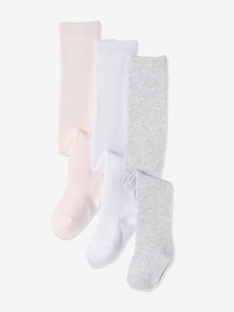 Lot de 3 collants bébé maille BASICS Blanc/rose clair/gris chiné+gris chiné+vieux rose 1 - vertbaudet enfant 