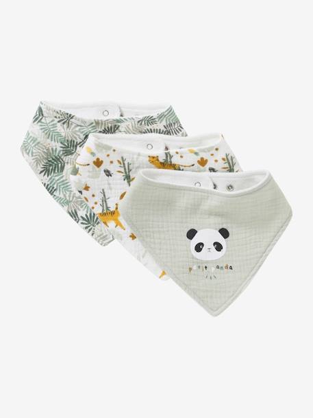 Lot de 3 bavoirs bandanas en gaze de coton beige imprimé+blanc+bleu glacier+écru+lot renard+lot vert panda+vieux rose 25 - vertbaudet enfant 