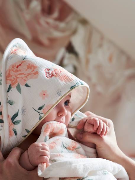 Les matières-Bébé-Cape, peignoir de bain-Cape de bain personnalisable gaze de coton EAU DE ROSE