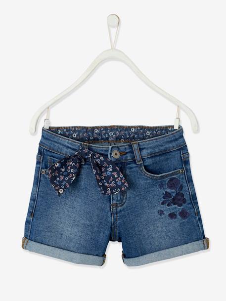 Short en jean brodé fleurs fille noeud imprimé fleurs denim brut+double stone+stone 8 - vertbaudet enfant 