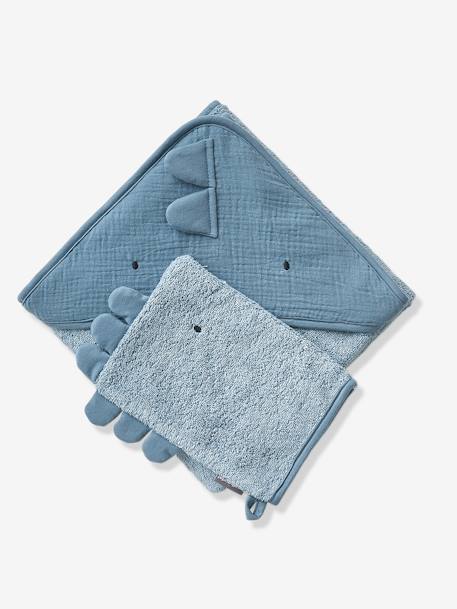 Cape de bain bébé en gaze de coton + gant de toilette PETIT DINO bleu+vert 3 - vertbaudet enfant 