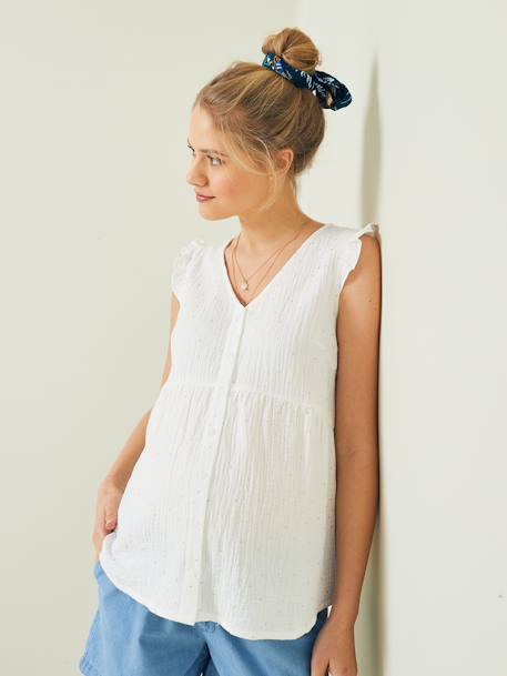 Blouse de grossesse et d'allaitement gaze de coton blanc imprimé pois or+Vert 1 - vertbaudet enfant 