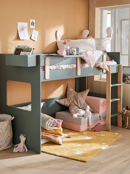 Lit mezzanine mi-hauteur enfant LIGNE EVEREST blanc/bois+kaki+Rose 10 - vertbaudet enfant 