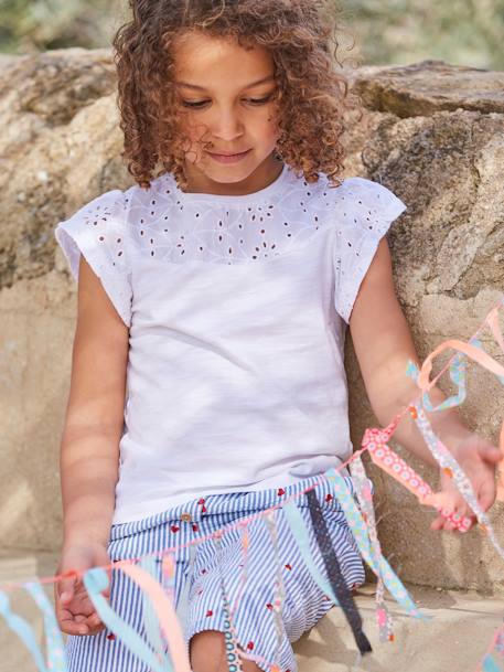 T-shirt fille avec détails broderie anglaise blanc+bleu marine+corail+fuchsia+mauve+vert pâle 1 - vertbaudet enfant 