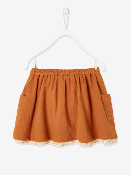 Jupe réversible fille en gaze de coton et imprimé fleurs caramel+marine reversible vert imprmé+rose pivoine 3 - vertbaudet enfant 