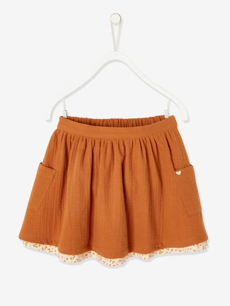 Jupe réversible fille en gaze de coton et imprimé fleurs caramel+marine reversible vert imprmé+rose pivoine 1 - vertbaudet enfant 