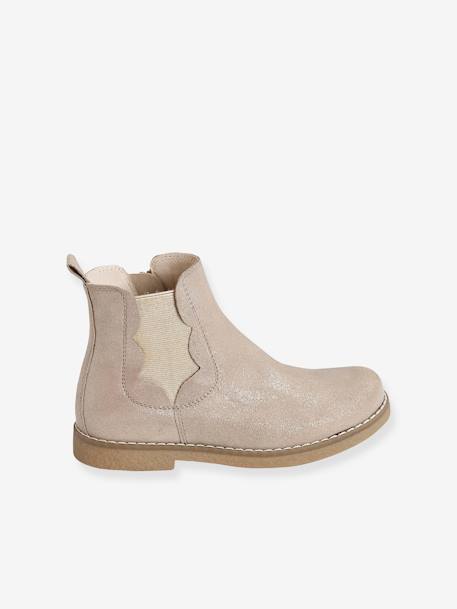 Boots cuir fille zippées et élastiquées beige irisé+marron+vieux rose 3 - vertbaudet enfant 