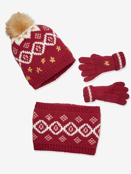 Ensemble fille bonnet + snood + gants jacquard framboise 2 - vertbaudet enfant 