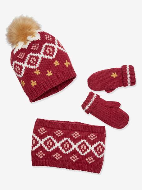 Ensemble fille bonnet + snood + gants jacquard framboise 1 - vertbaudet enfant 