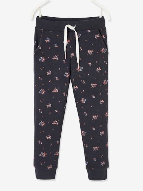 Pantalon jogging imprimé fleurs fille en molleton bleu foncé imprimé 1 - vertbaudet enfant 