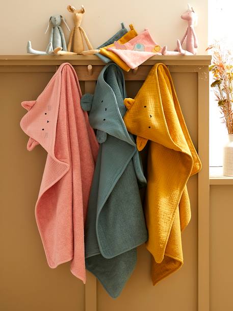 Cape de bain + gant en gaze de coton bio*, bleu+ocre+rose+vert 9 - vertbaudet enfant 