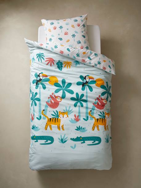 Parure housse de couette + taie d'oreiller enfant polyester et coton CROCOJUNGLE blanc 2 - vertbaudet enfant 