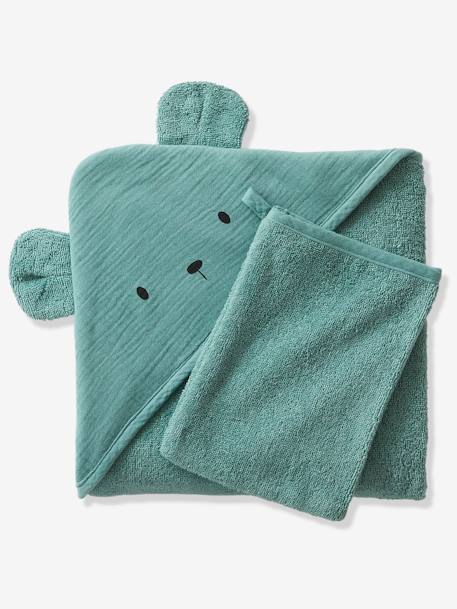 Cape de bain gaze de coton + gant de toilette BIO* bleu+ocre+rose+vert 19 - vertbaudet enfant 