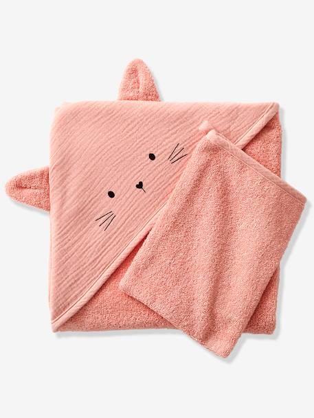 Cape de bain gaze de coton + gant de toilette BIO* bleu+ocre+rose+vert 13 - vertbaudet enfant 