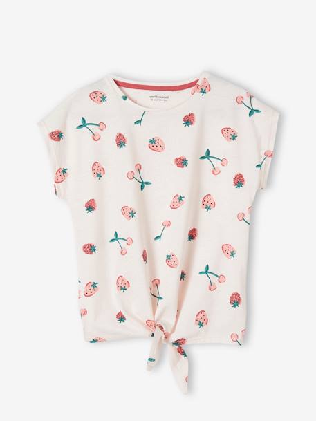 T-shirt imprimé fille avec noeud fantaisie écru+kaki+marine+rose mauve imprimé+vanille+vert 18 - vertbaudet enfant 