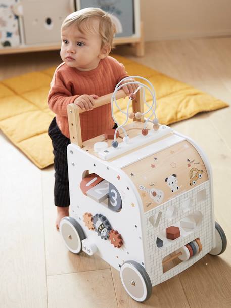 Chariot de marche cube d'activités avec freins en bois FSC® multicolore 1 - vertbaudet enfant 