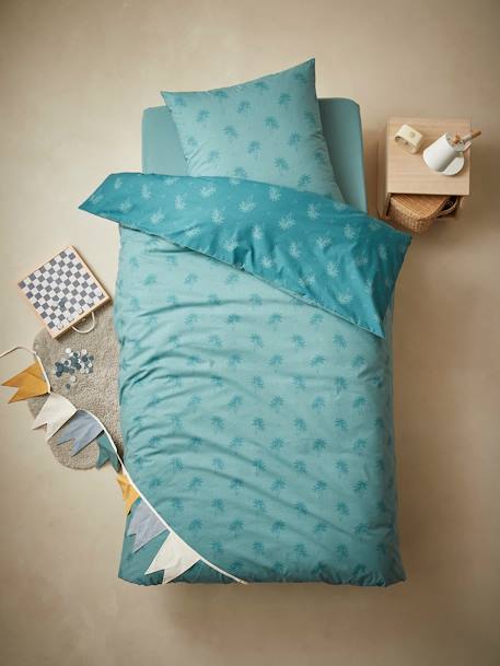 Parure housse de couette + taie d'oreiller enfant PALMIERS bleu vert+terracotta 1 - vertbaudet enfant 