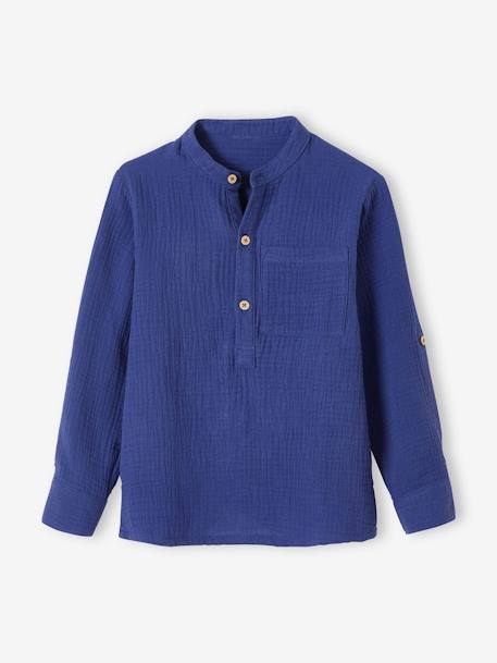 Chemise en gaze de coton personnalisable garçon manches retroussables Bleu moyen+écru+vert 4 - vertbaudet enfant 