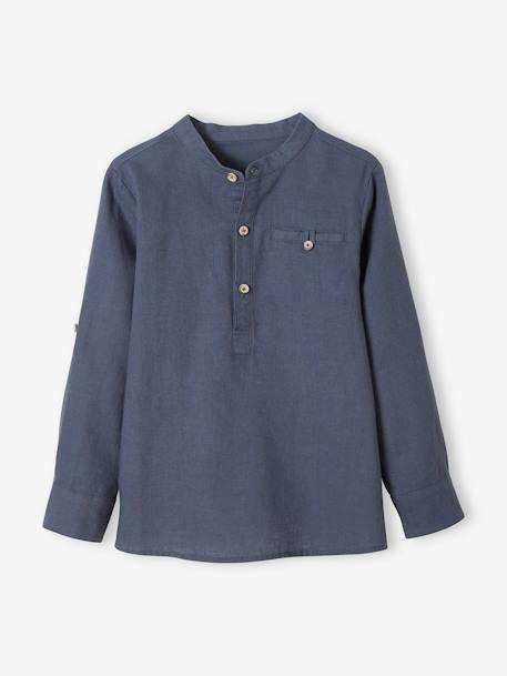 Chemise col Mao en coton/lin garçon manches retroussables blanc+bleu ciel+Bleu moyen+vert 18 - vertbaudet enfant 