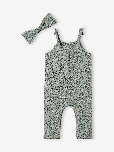 Ensemble combinaison et bandeau bébé fille en molleton blanc imprimé+bleu nuit+rose pâle+vert grisé imprimé 23 - vertbaudet enfant 