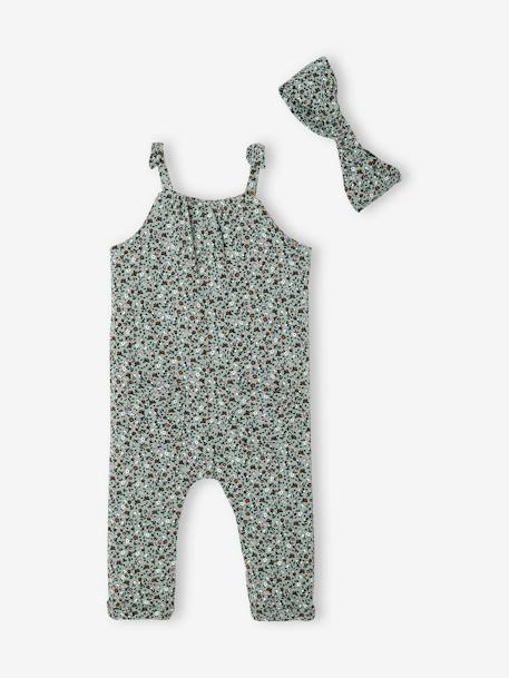 Ensemble combinaison et bandeau bébé fille en molleton blanc imprimé+bleu nuit+rose pâle+vert grisé imprimé 25 - vertbaudet enfant 