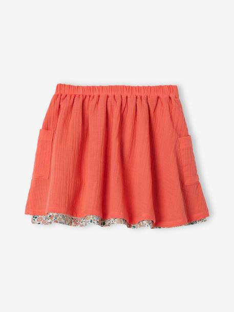 Jupe réversible fille en gaze de coton et imprimé fleurs caramel+marine reversible vert imprmé+rose pivoine 16 - vertbaudet enfant 