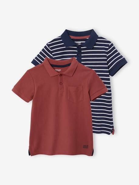 Lot de 2 polos garçons en maille piquée Lot 1 bordeaux + 1 rayé+vert d'eau 1 - vertbaudet enfant 