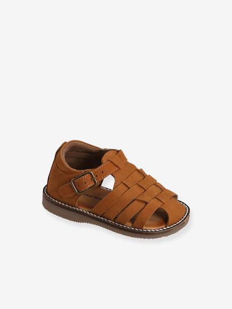 Sandales en cuir bébé mixte bout fermé bleu marocain+Camel 9 - vertbaudet enfant 