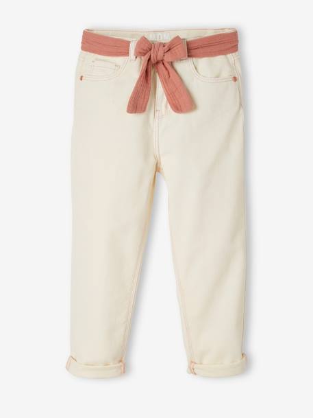 Pantalon Mom et sa ceinture en gaze de coton fille ivoire+moutarde+pêche+rose+rouge+vert émeraude 4 - vertbaudet enfant 