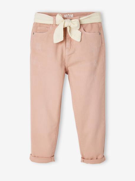 Pantalon Mom et sa ceinture en gaze de coton fille moutarde+pêche+rose+rouge+vert émeraude 18 - vertbaudet enfant 