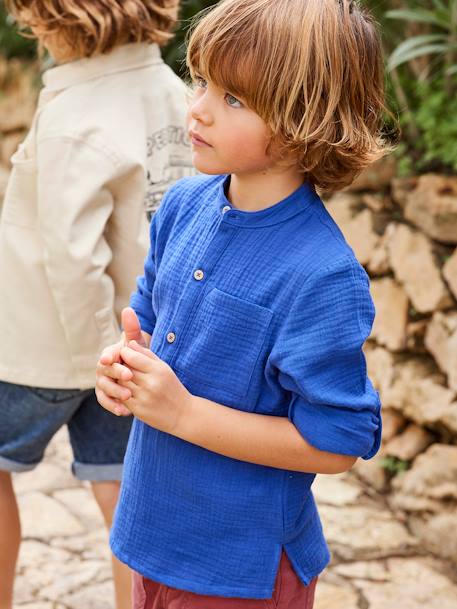 Chemise en gaze de coton personnalisable garçon manches retroussables Bleu moyen+écru+jaune+vert 3 - vertbaudet enfant 