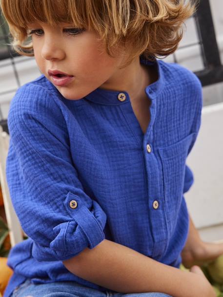 Chemise en gaze de coton personnalisable garçon manches retroussables Bleu moyen+écru+vert 1 - vertbaudet enfant 