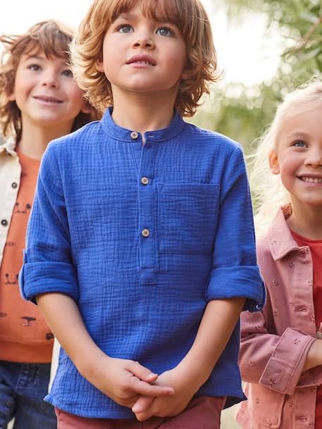 Chemise en gaze de coton personnalisable garçon manches retroussables Bleu moyen+écru+jaune+vert 2 - vertbaudet enfant 