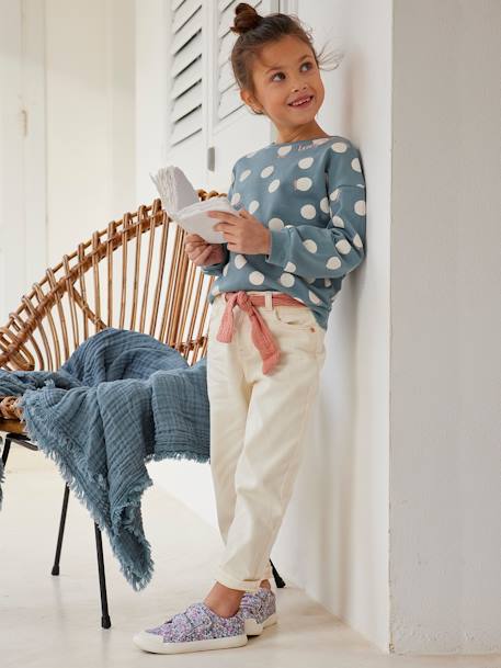 Pantalon Mom et sa ceinture en gaze de coton fille ivoire+moutarde+pêche+rose+rouge+vert émeraude 1 - vertbaudet enfant 