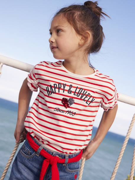 Fille-T-shirt, sous-pull-Tee-shirt rayé avec coeur en sequins fille