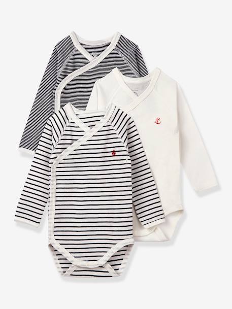 Bébé-Lot de 3 bodies croisés manches longues rayés bébé naissance en coton bio PETIT BATEAU