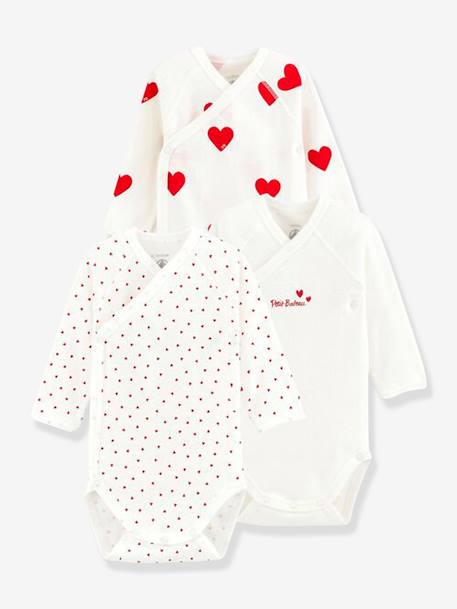 Bébé-Lot de 3 bodies croisés manches longues coeurs bébé naissance en coton bio PETIT BATEAU