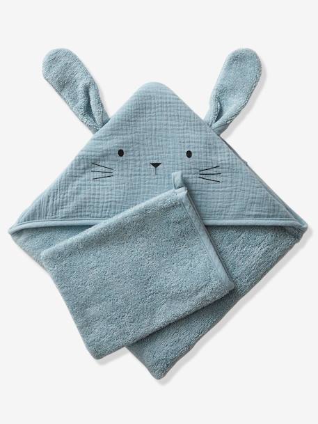 Cape de bain + gant en gaze de coton bio*, bleu+ocre+vert 3 - vertbaudet enfant 