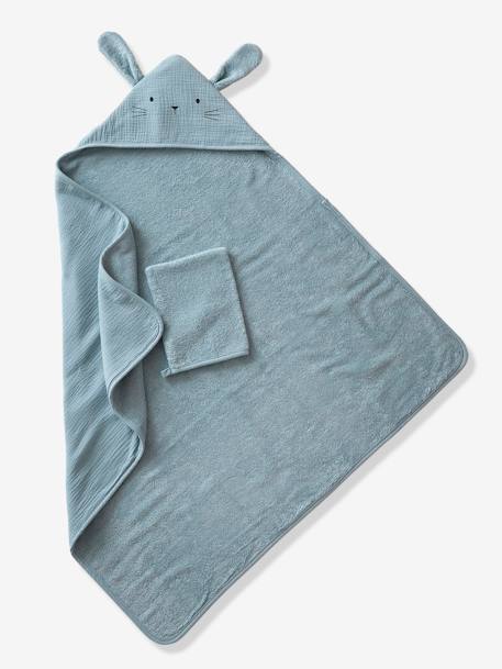 Cape de bain + gant en gaze de coton bio*, bleu+ocre+vert 2 - vertbaudet enfant 