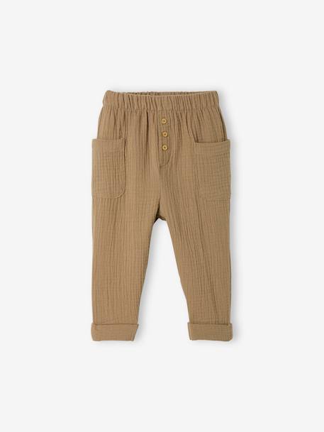 Pantalon bébé en gaze de coton beige bois+bleu canard 1 - vertbaudet enfant 