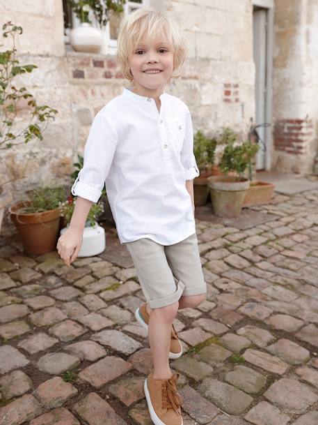 Chemise col Mao en coton/lin garçon manches retroussables blanc+bleu ciel+Bleu moyen+vert 11 - vertbaudet enfant 