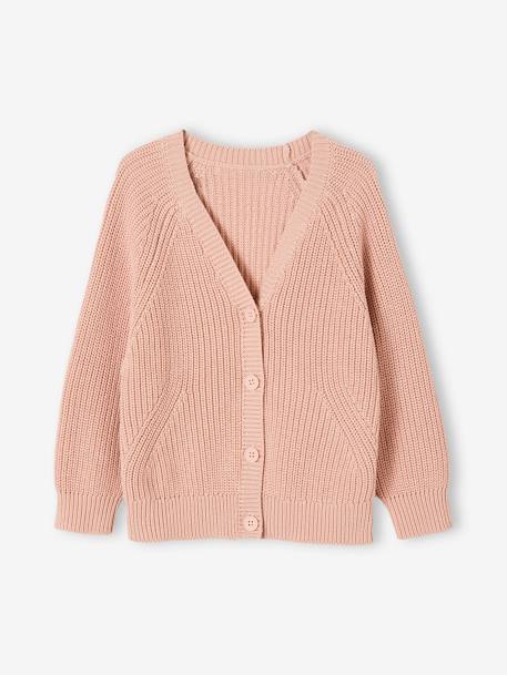 Gilet col V fille en côtes anglaises rose blush 1 - vertbaudet enfant 