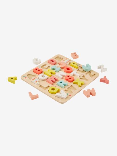 Puzzle lettres à encastrer en bois FSC® multicolore+ROSE CLAIR UNI AVEC DECOR 11 - vertbaudet enfant 