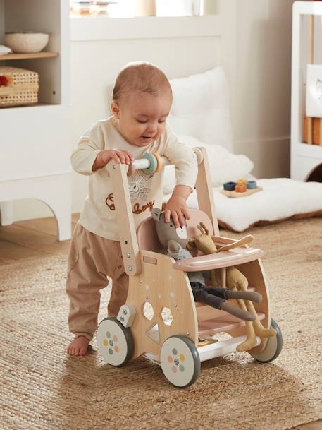 Chariot de marche poussette en bois FSC® rose+vert 1 - vertbaudet enfant 