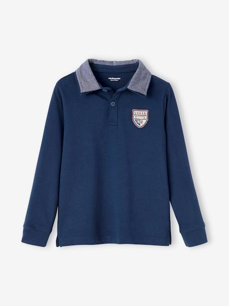 Polo garçon avec badge et col en chambray dark bleu indigo 1 - vertbaudet enfant 