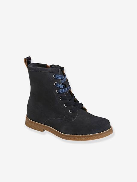 Bottines cuir fille à lacets + glissière bleu marine+marron 1 - vertbaudet enfant 